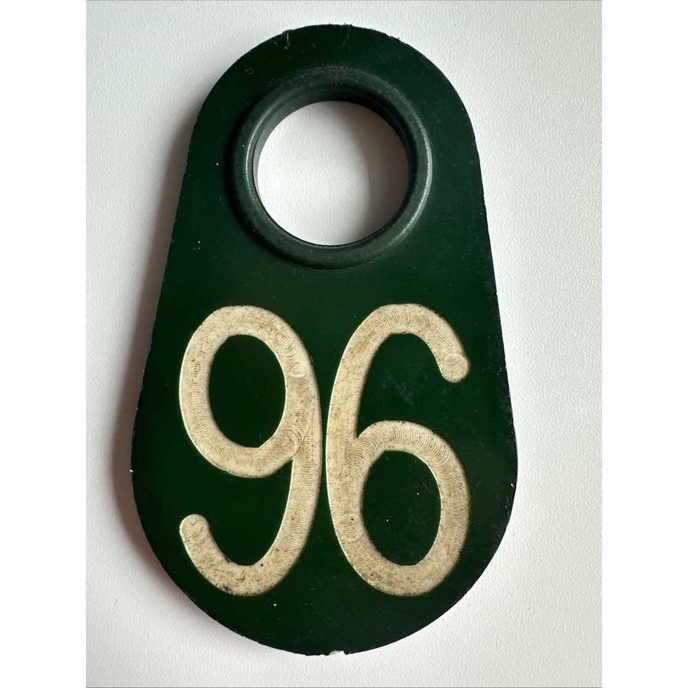 Vintage Cow Number Ear Tag Dairy Farm Cattle Sheep Marker #96 Double Sided GREEN